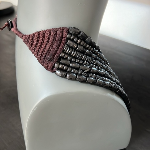 Black Dark Brown Wood Beaded Necklace 8 Strand Rounded Crochet Side Details - Picture 5 of 12